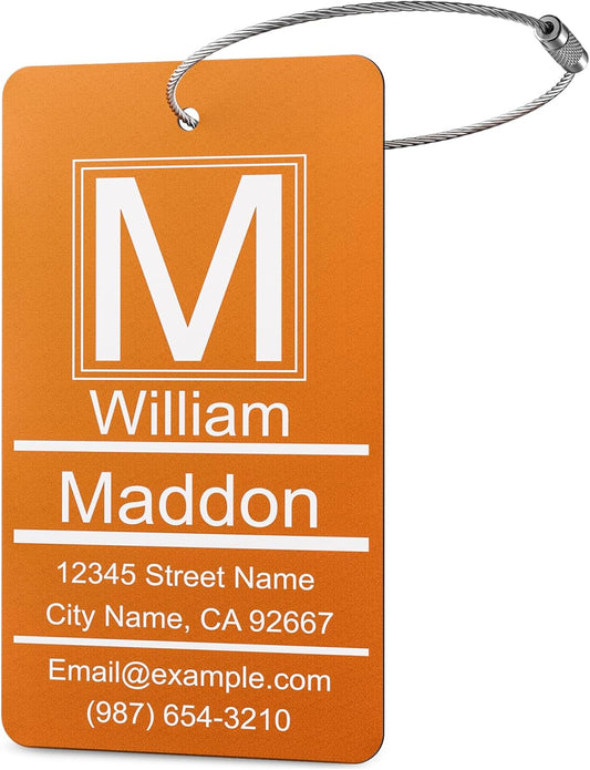 Luggage Tags for Suitcase - Orange Personalized Engraved Metal Tag for Cruise Travel - Custom Name Tags Suitable for Bags and Backpacks
