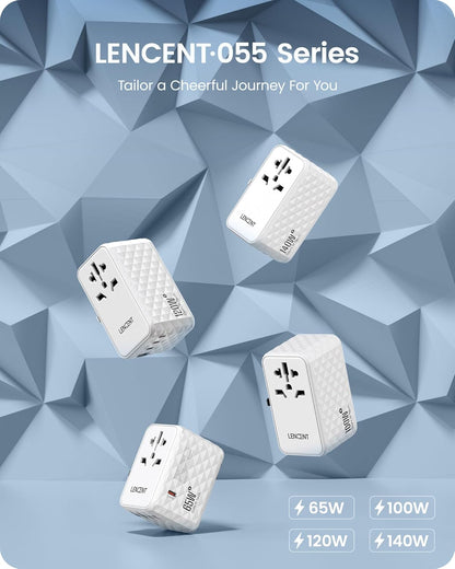LENCENT 140W International Travel Adapter, GaN Universal Travel Adapter with 1 USB-A & 3 Type C Power Adapter, Fast Charger for Phone,Laptops, Worldwide Plug Adapter for USA/UK/EU/AUS, White