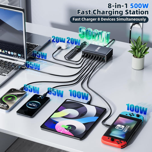 500W Fast Charging 8 Port USB C Charger Block with Nylon Fast Charging Cable, Multi-Device Charging Station Wall Desktop Charger with GaN Ⅲ Technology, USB-C Charger Adapter for MacBook/iPad/iPhone 16