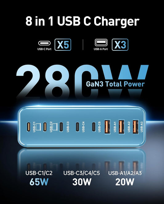 280W USB C Charger Block, 8-Port USB C Charging Station GaN III PD 65W Laptop Charger Adapter Compatible with MacBookPro/Air,DELL,iPad,Portable Charging Station for iPhone,Samsung Galaxy(Blue)