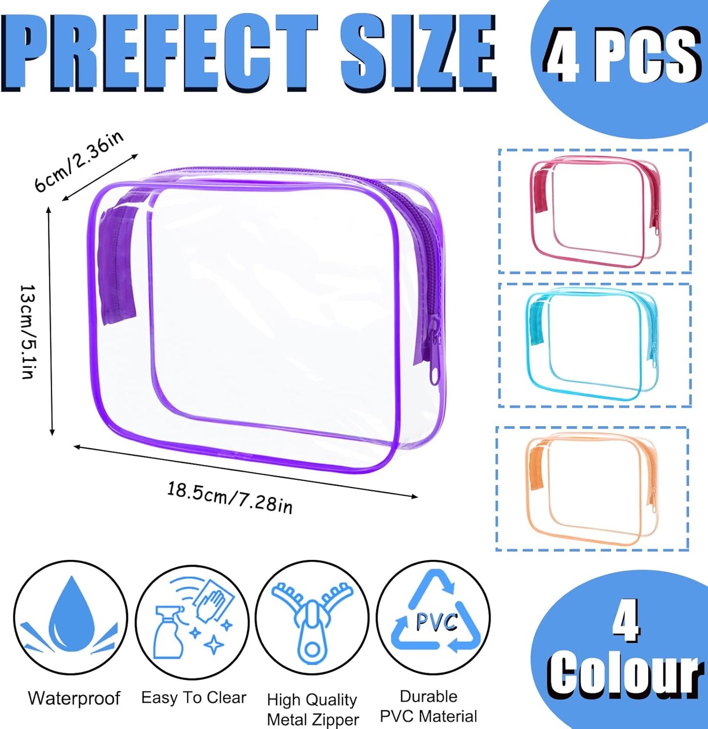 4Pack Clear Makeup Bags Waterproof Organizer Bags with Zipper Transparent Travel Cosmetic Bag TSA Approved Toiletry Bag Pouch Case for Vacation Airport Airline Compliant (Multicolour, Medium)