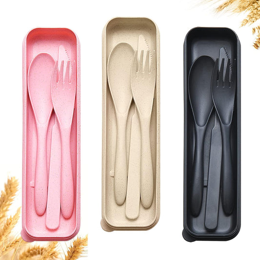 Reusable Travel Utensils Set with Case, 3 Sets Wheat Straw Portable Knife Fork Spoons Cutlery, Eco-Friendly BPA Free Plastic Tableware for Kids Adults Travel Picnic Camping Utensils