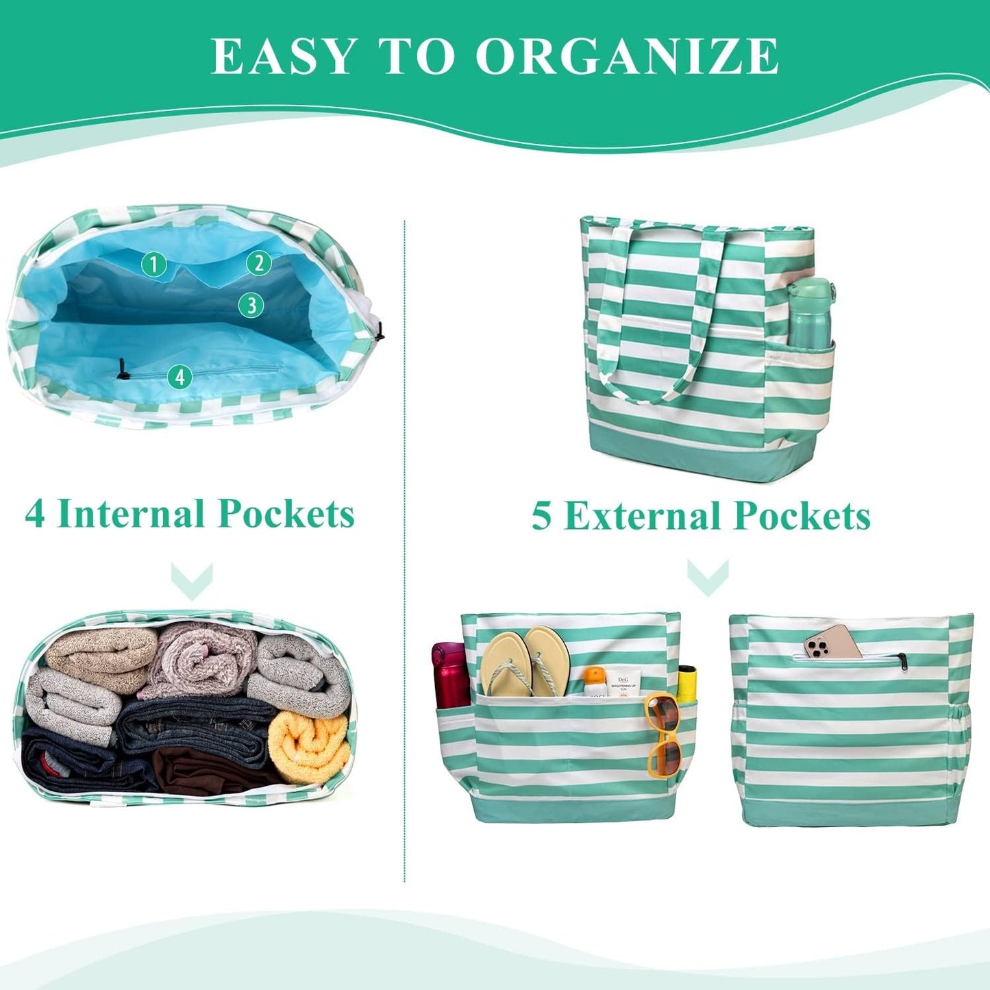 VASCHY Beach Bag for Women, Large Waterproof Sandproof Fold-able Packable Pool Tote Bag w Zipper/Pockets