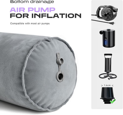 ETROL Inflatable Body Pillow for Adults, 35-inch Long Pillows for Bed, Bolster Pregnancy Pillows for Sleeping, Inflatable Travel Full Body Pillow, Hug Round Pillow for Side Sleeper, Soft Velvet, Grey