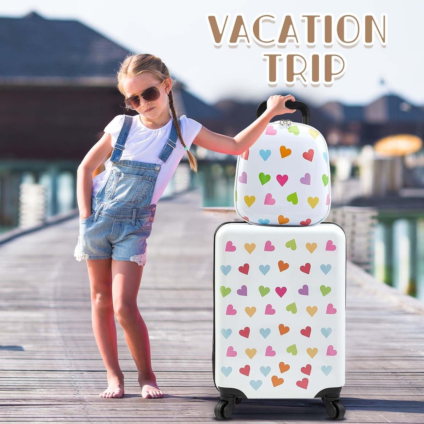 Sanwuta 4 Pcs Kids Luggage Set Kids Backpack Travel Rolling Suitcase with Wheels U-shape Pillow Childrens Gift for Girls Boys(20 Inch,Heart Style,White)