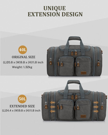 Gonex Canvas Duffle Bag for Travel, Expandable Water Resistant 50L Carry on Duffel Overnight Weekender Gym Bag with Wet Dry Separation Pocket & Suitcase Handle Sleeve, Grey