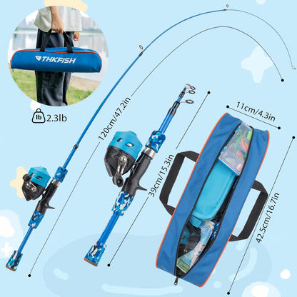 Kids Fishing Pole Set, Telescopic Fishing Rod Reel Combo Kids Starter Kit with Lures Tackle Box, Foldable Stool and Portable Bag for Boys Girls Younth