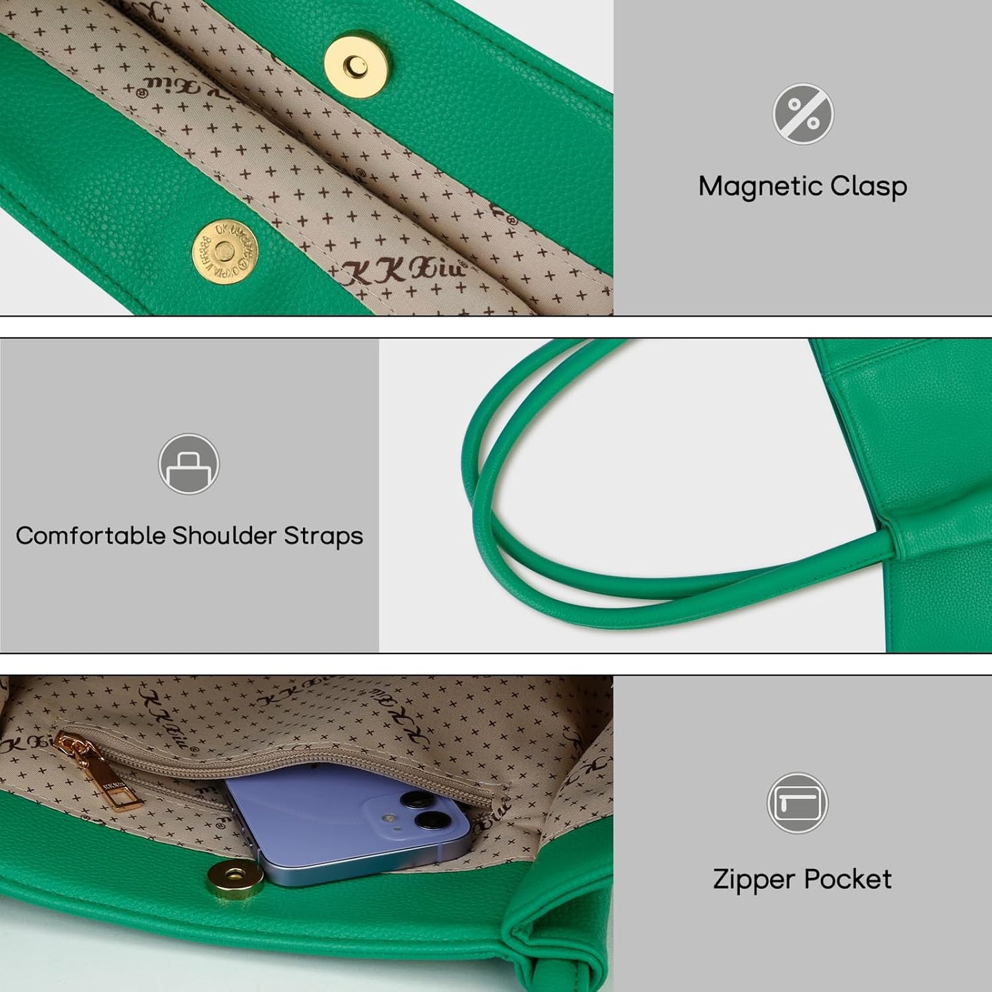 KKXIU Tote Bag for Women Vegan Leather Shoulder Purse Large Capacity Travel Bag