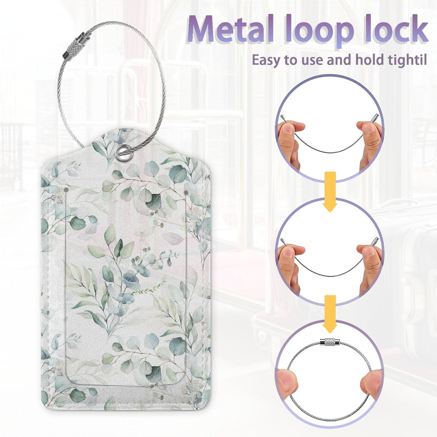 2Pcs Luggage Tag for Suitcase Sage Floral Green Leaves Cute Suitcase Tag with Privacy Flap & Name ID Label & Metal Loop,Travel Bag Luggage Tags for Women