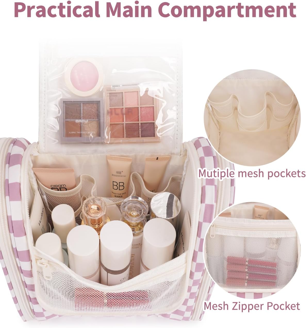 Narwey Checked Hanging Travel Toiletry Bag for Women, Travel Bag for Toiletries, Makeup Bag Organizer Cosmetic Bags Make Up Bags for Women (Dusty Rose Checkerboard)