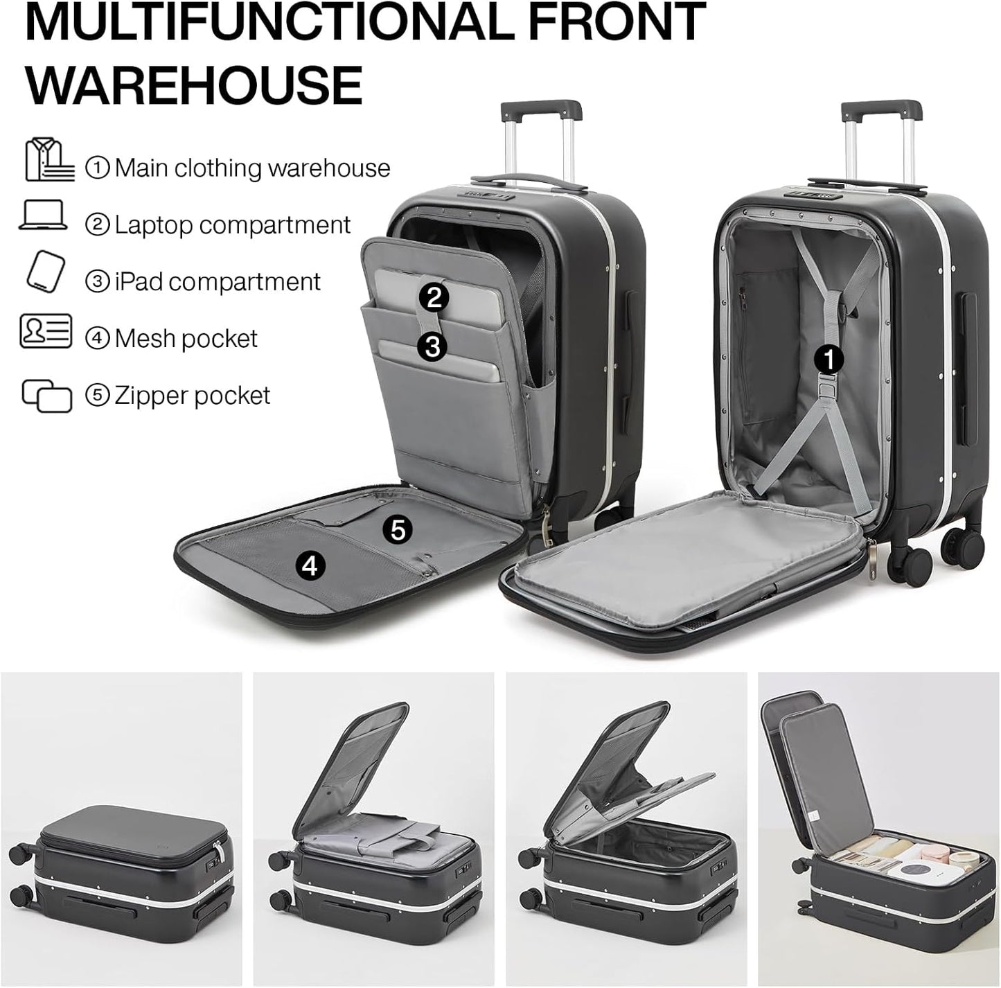 mixi Carry On Luggage, 20'' Suitcase with Front Laptop Pocket, Travel Rolling Luggage Aluminum Frame PC Hardside with Spinner Wheels & TSA Lock and Cover - Rock Gray