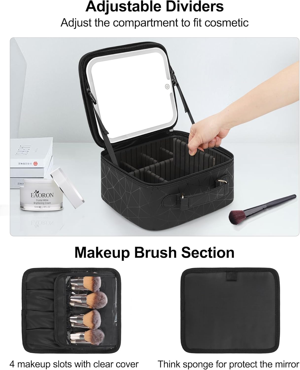 Chomeiu Makeup Bag with LED Mirror, Cute Cosmetic Bags Birthday Gifts for Girls Women, Makeup Train Case Artists Organizer Large Make Up Bags with Light Up Mirror 3 Color Lights, Black Geometric