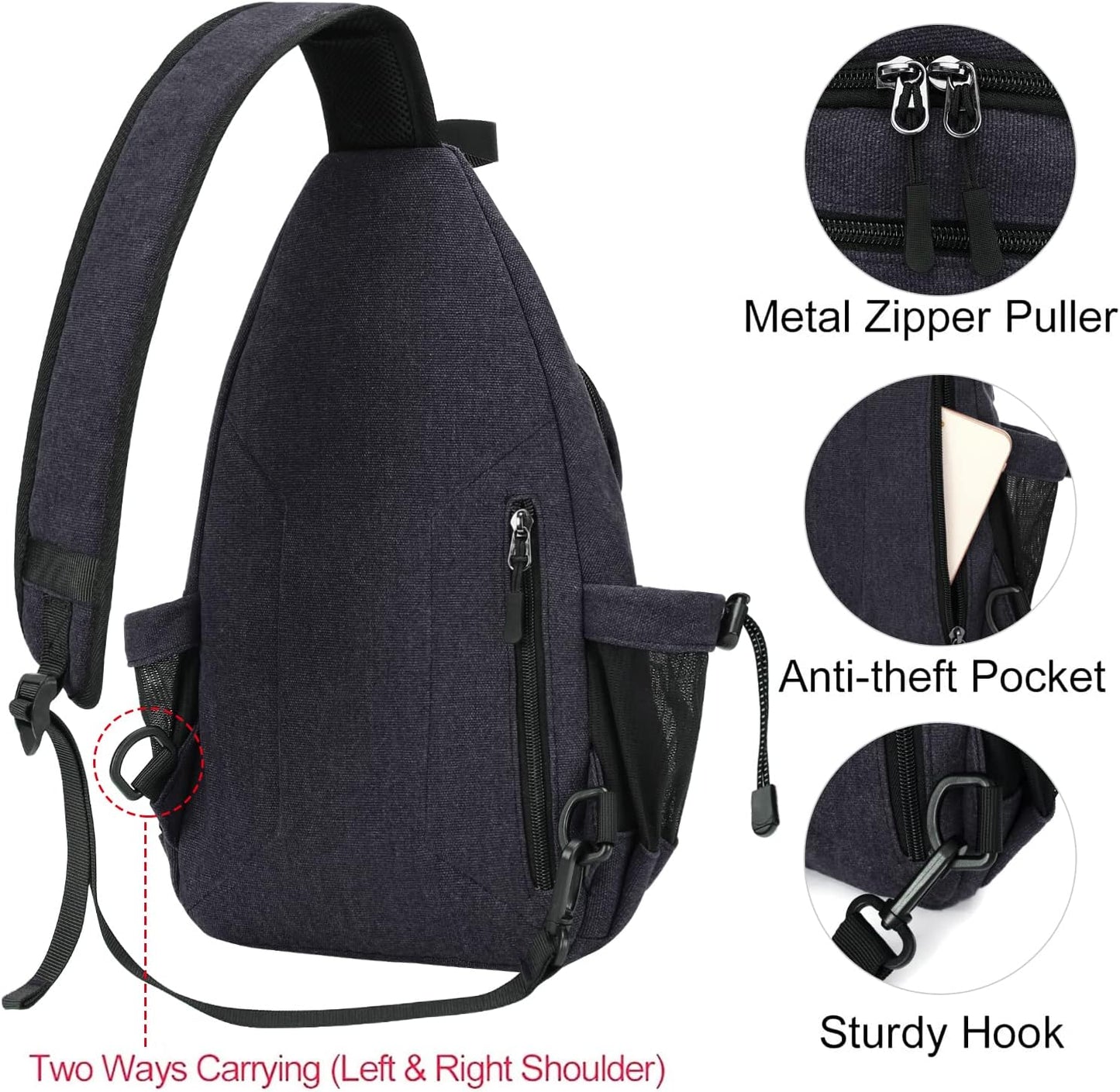 MOSISO Sling Backpack,Canvas Crossbody Hiking Daypack Bag with Anti-theft Pocket, Space Gray