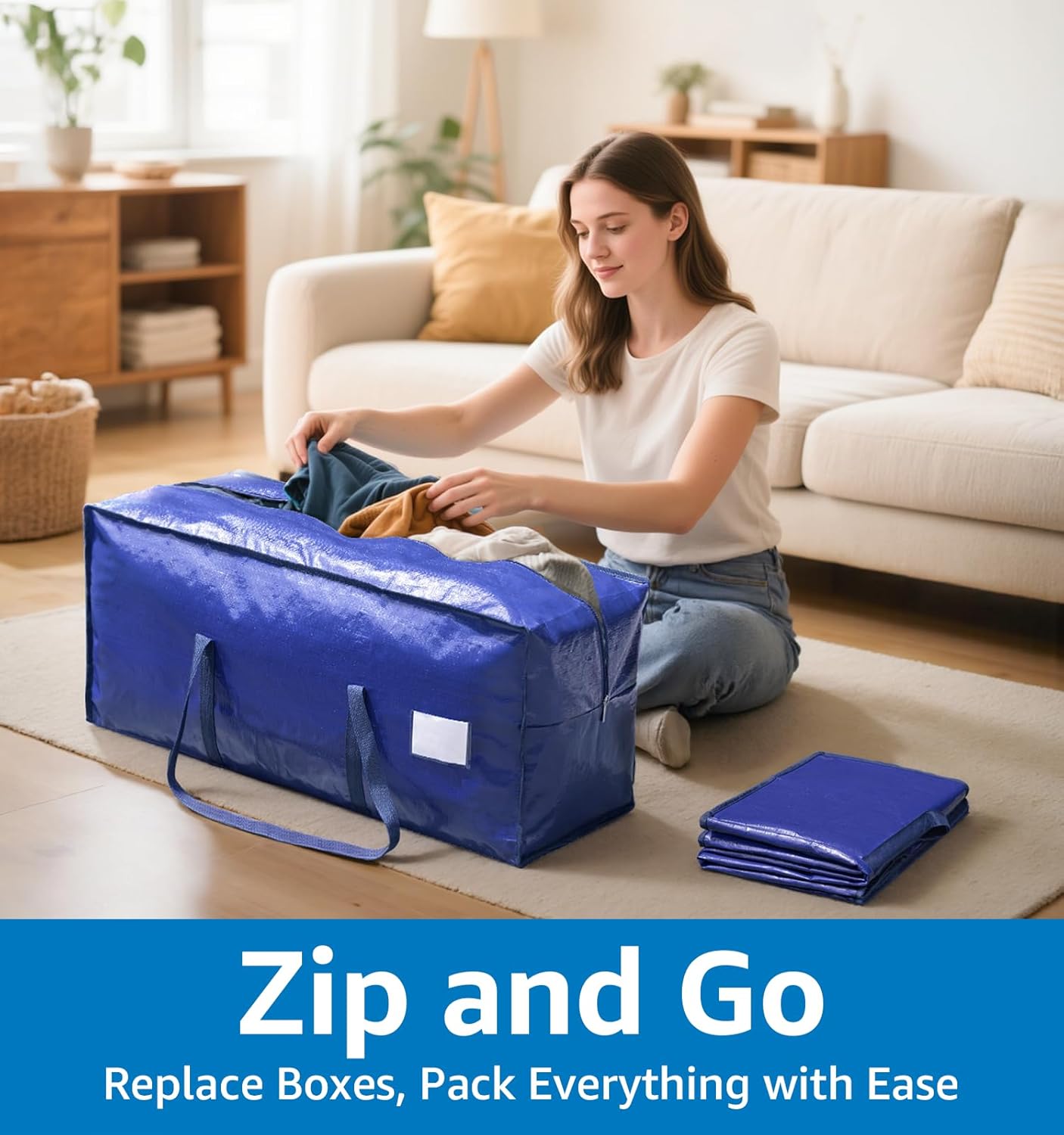 6 Pack Heavy Duty Moving Bags with Padded Wrap Around Handles-Strengthened Zipper Extra Large Storage Totes for Dorm College Clothes