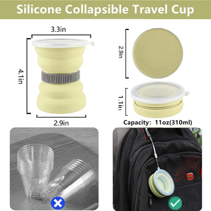 IYYI Collapsible Travel Cup, 10.5oz Foldable Cup with Lid, Silicone Folding Cups for Camping, Hiking, Outdoors, Travel, Portable Camping Cup Set (Green+Sage)