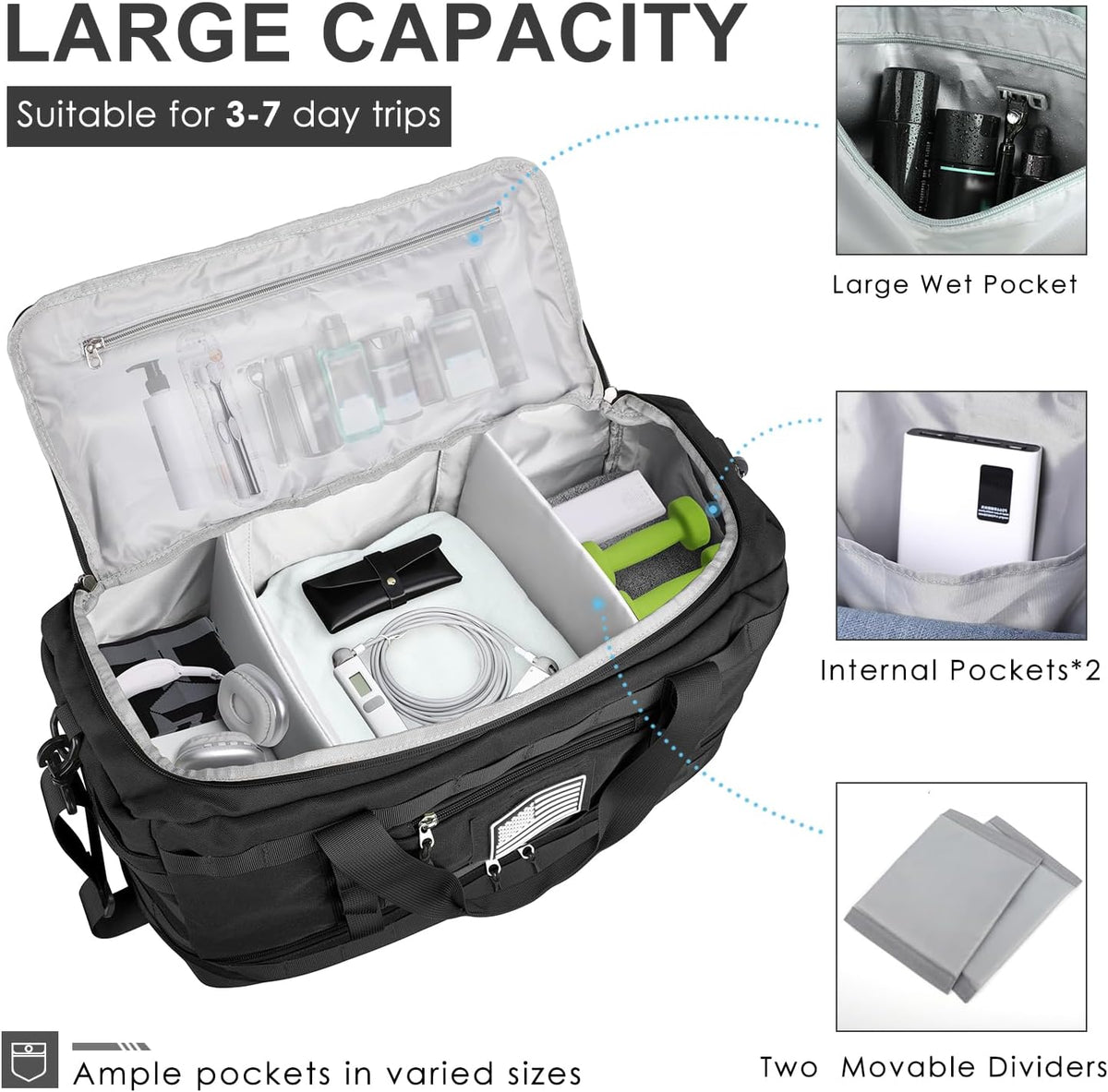 ETRONIK Travel Bag for Men Women, Gym Bag & Tactical Duffle Bags for Travel, Carry on with Toiletry Bag and Shoe Compartment, Weekender Overnight Trip with Wet Pocket for Workout Medical, Black