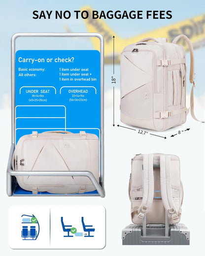 ECOHUB 30L Carry on Travel Backpack for Men Women 18x14x8, 17 inch Expandable Airlines Personal Item Bag Water Resistant Laptop Backpack Flight Approved with USB Slot & Wet Pocket, Beige
