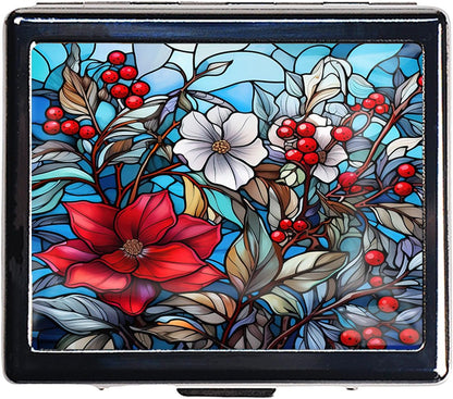 Silver Vintage Pill Box 7 Day Metal Pill Box with Mirror and 8 Compartments Cute Travel Pill Organizer for Purse (Stained Glass Flowers)