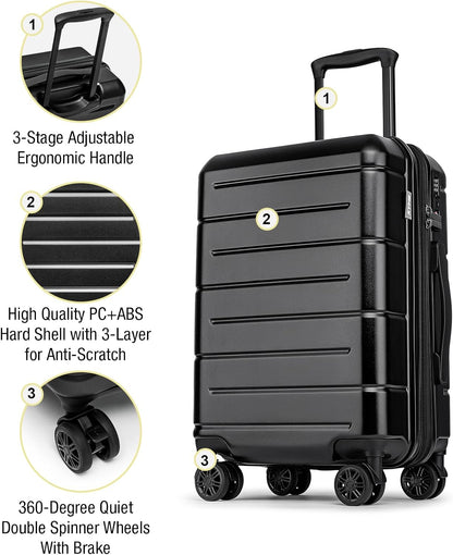 KYME Carry On Luggage 22x14x9 Airline Approved Expandable with Cup Holder 20 Inch Hardshell Carry-On Suitcase with Spinner Wheels TSA Lock Small Lightweight Travel Rolling Luggage Black