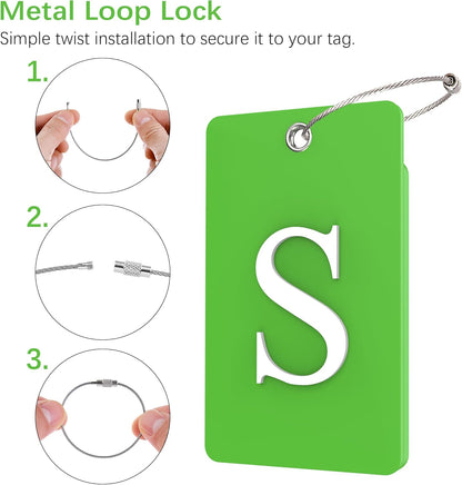 Gostwo 2 Pack Luggage Tags for Suitcases, 26 Initial Letter Travel Luggage Baggage Identification Labels ID Tag Fully Bendable Tags with Stainless Steel Loop (Green) (Letter S)