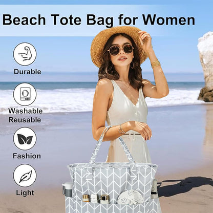 LEDAOU Beach Bag Waterproof Sandproof Women Tote Bag Pool Bag with Zipper for Gym Grocery Travel with Wet Pocket