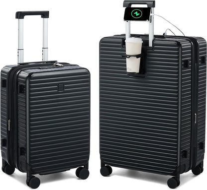 Hard Shell Suitcases Expandable Travel Luggage Sets 2 Piece, Carry on and Check in Luggage Lightweight Suitcase Set 2 Piece with Wheels Cup Holder Charger Built in (Black, 20/28)