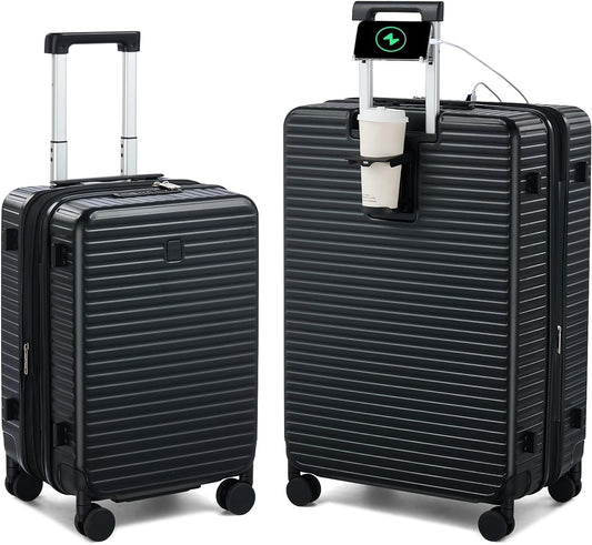 Hard Shell Suitcases Expandable Travel Luggage Sets 2 Piece, Carry on and Check in Luggage Lightweight Suitcase Set 2 Piece with Wheels Cup Holder Charger Built in (Black, 20/28)