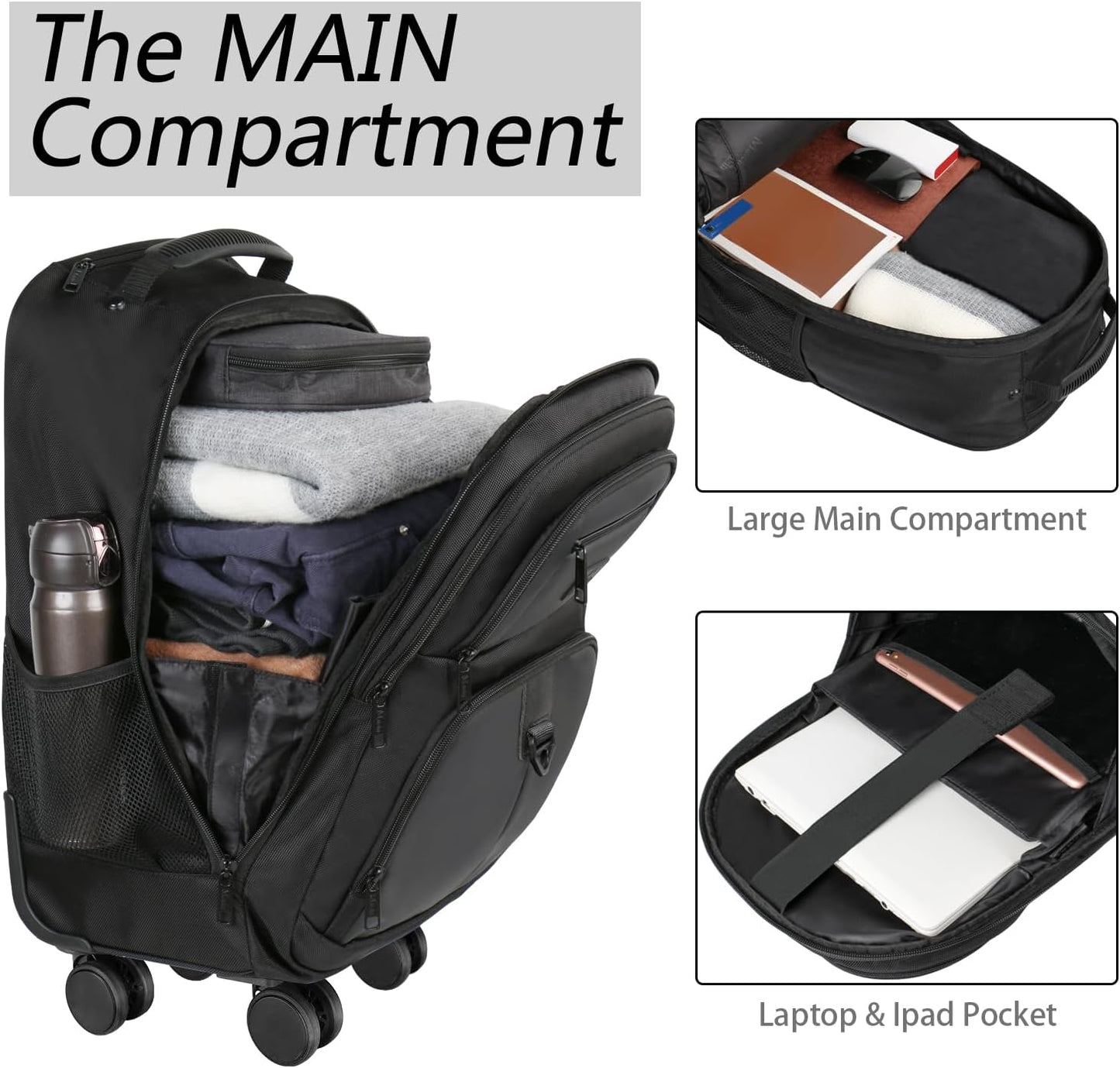 MATEIN Rolling Backpack with 4 Wheels, 17 inch Roller Travel Laptop Backpack for Women Men, Large Water Resistant Business Wheeled Bag, Airline Approved Carry on Luggage Suitcase Bag, Black