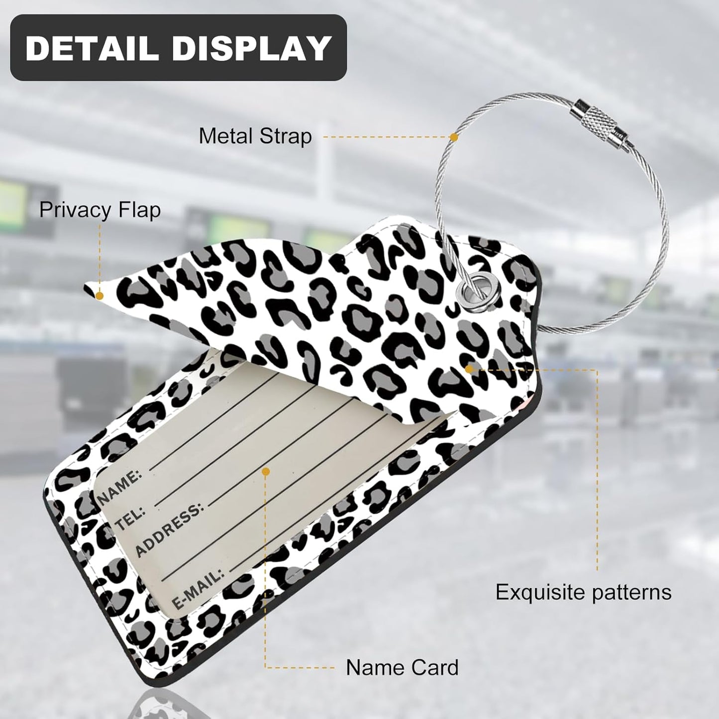 2Pack Luggage Tags for Suitcases, Cute Unique Pu Leather Cruise Luggage Tag with Privacy Cover ID Label Address Card and Metal Ring Suitable for Women Men Kids Travel Bag Gray Leopard Print