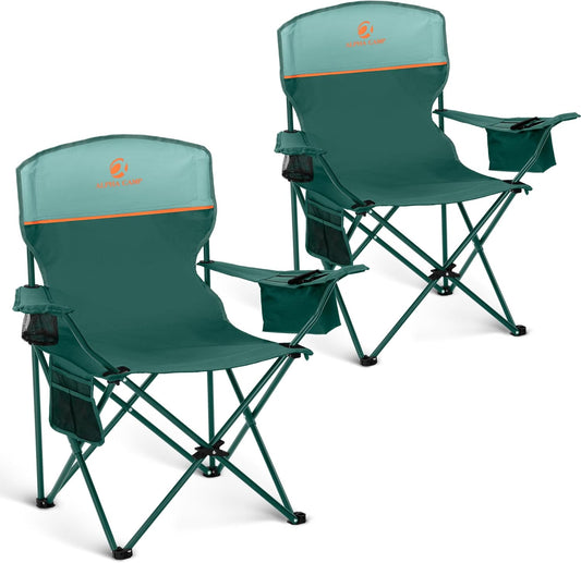 HIGH POINT SPORTS 2 Pack Portable Camping Chair for Adults, Folding Outdoor Camp Chair Lightweight Lawn Chairs Folding Collapsible Chair for Camping, Tailgates, Beach, Green, Support 225lbs
