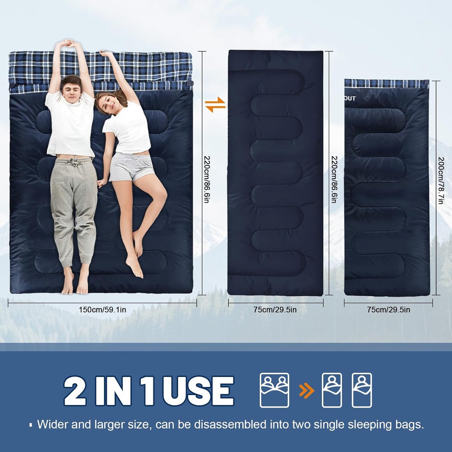 Double Sleeping Bag for Adults Machine Washable 2 Person Camping Sleeping Bag Queen Size Waterproof with Compression Sack for Cold Weather 3-4 Seasons