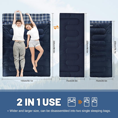 Double Sleeping Bag for Adults Machine Washable 2 Person Camping Sleeping Bag Queen Size Waterproof with Compression Sack for Cold Weather 3-4 Seasons