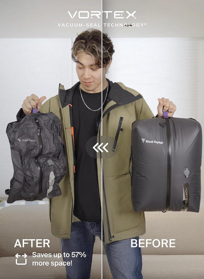 Black Voyage Reusable Vacuum Compression Travel Bag for Carry-On Suitcase and Backpack, Recycled IP67 Waterproof Space Saver Vacpack (2-Pack, 18L - No Pump)