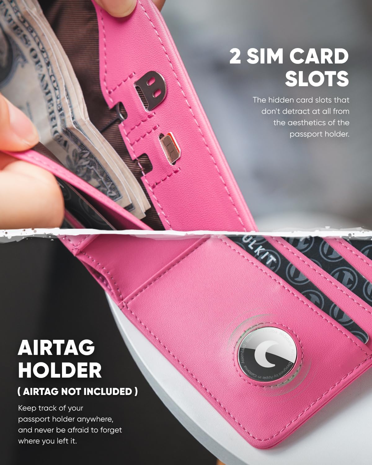 VULKIT Passport Holder with Airtag Holder RFID Blocking Passport Wallet Travel Leather Passport for Women(Rose)