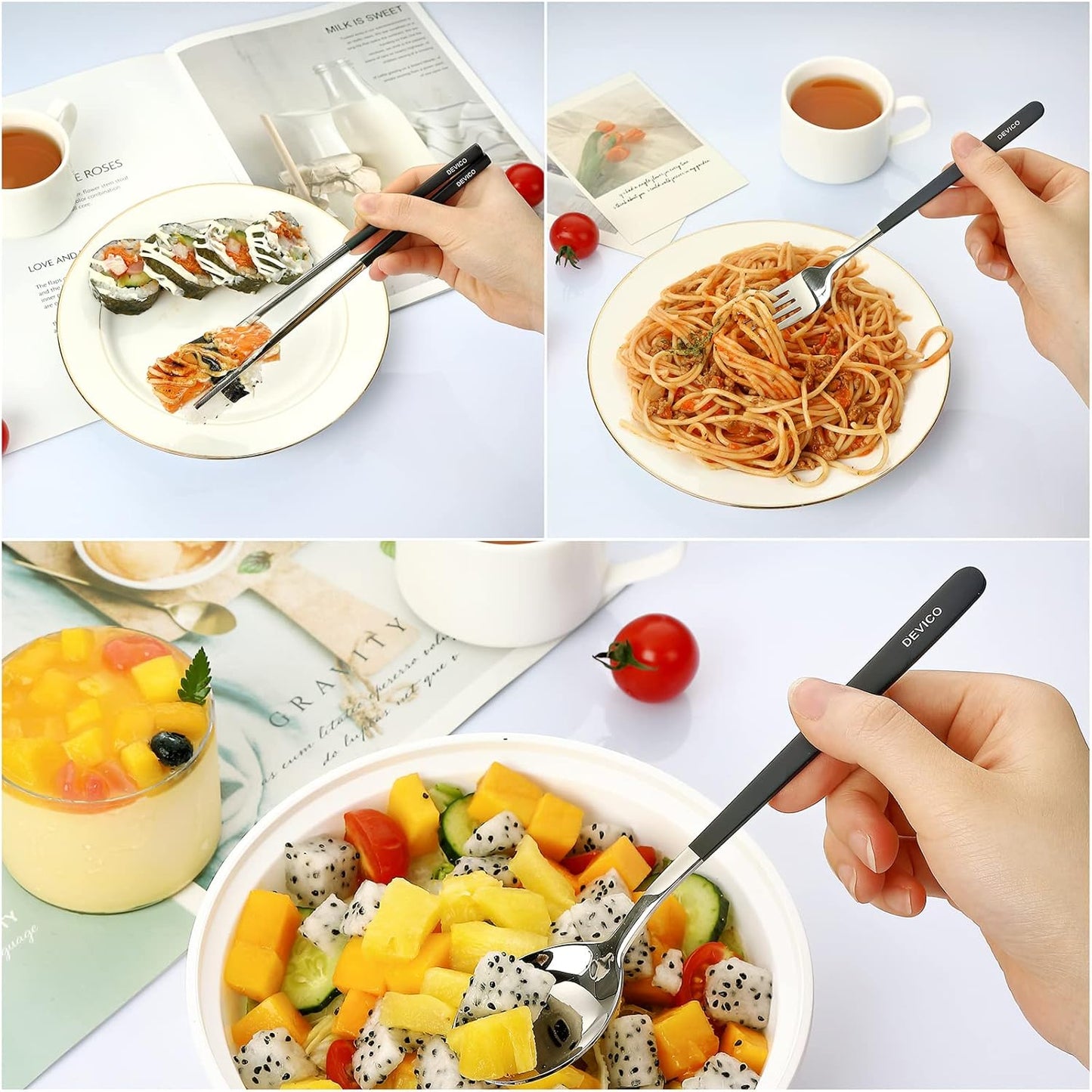 DEVICO Portable Travel Utensils with Case, Reusable Camping Silverware for Lunch, 18/8 Stainless Steel Cutlery Set (Black)