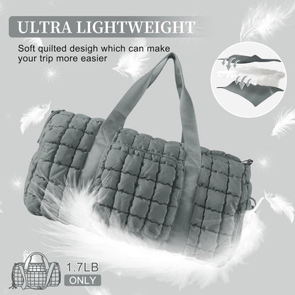 Quilted Travel Duffle Bag Gym Bag for Women,Large Puffer Duffle Weekender Bag with Compartment,Workout Overnight Carry on Organizer Bag Duffle Bag for Airplane Travel(L-Grey)