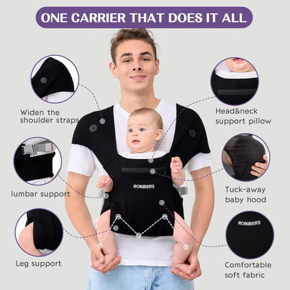 Baby Carrier Newborn to Toddler - Wrap Baby Carrier for 7-50 lbs, M-Shaped Sitting Posture, Toddler Carrier with Soft Fabrics for Front and Back Carrying, Black