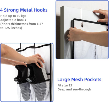 KEEPJOY Over the Door Shoe Organizer, Hanging Shoe Organizer with 4 Hooks, Shoe Holder with 14 Mesh Pockets Closet Door Shoe Storage Bag (White-2Pack)