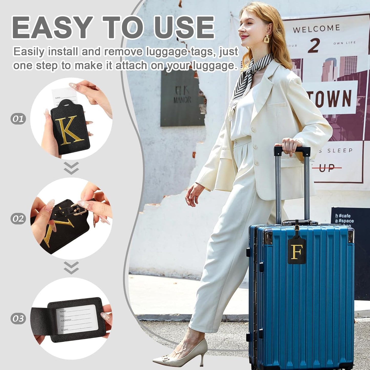 Personalized Initial Luggage Tags for Suitcase TSA Approved, Black Leather Cute Luggage Tag with Privacy Cover Name Card, Embroidered Custom Luggage Tags Travel Backpack Tags Gifts for Women Kids(F)