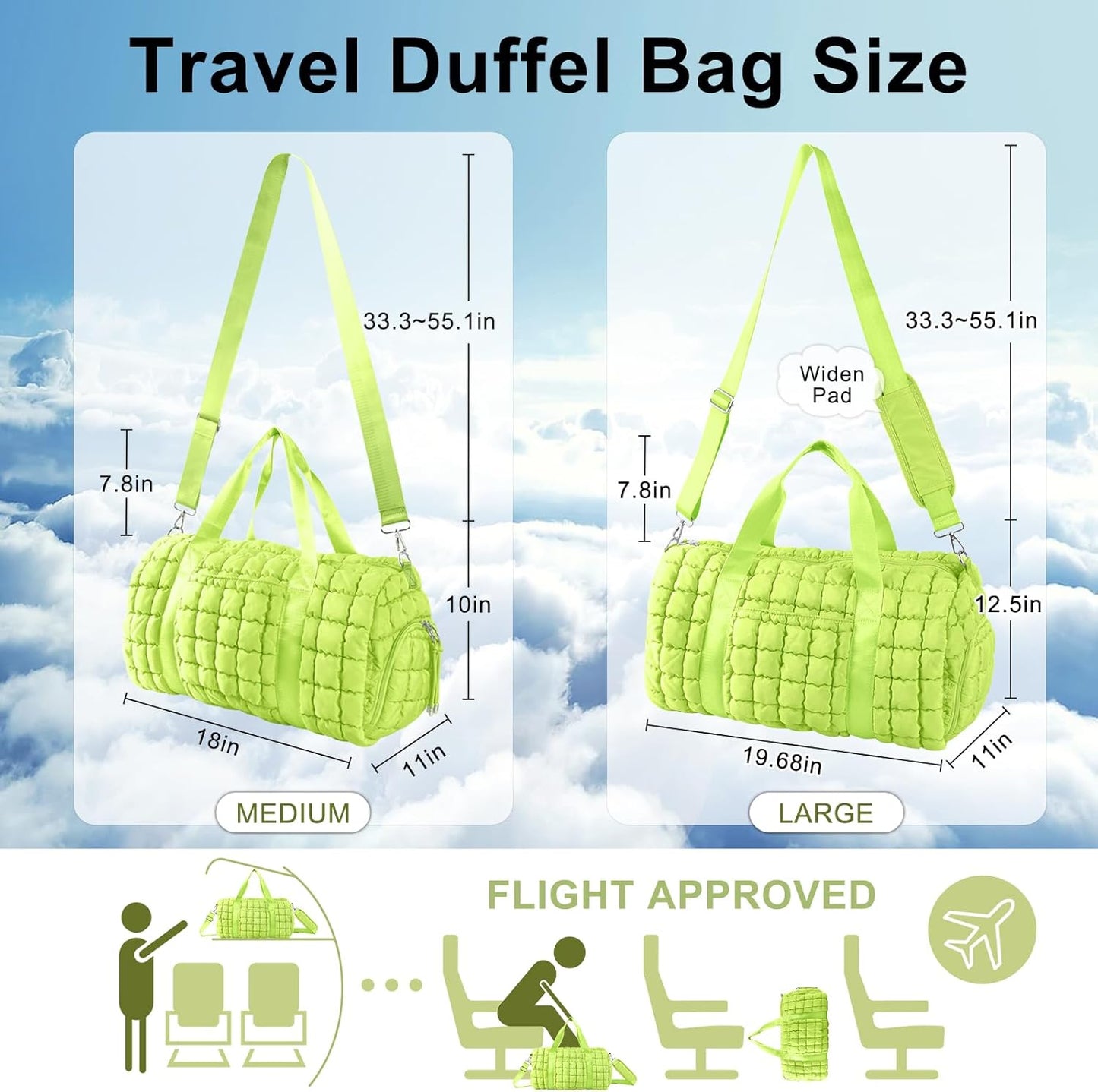 Quilted Travel Duffle Bag Gym Bag for Women,Large Puffer Duffle Weekender Bag with Compartment,Workout Overnight Carry on Organizer Bag Duffle Bag for Airplane Travel(L-Green)