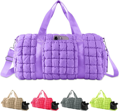 Quilted Travel Duffle Bag Gym Bag for Women,Large Puffer Duffle Weekender Bag with Compartment,Workout Overnight Carry on Organizer Bag Duffle Bag for Airplane Travel(Purple)