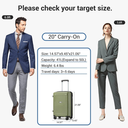 Kono 20 Inch Expandable Carry On Luggage with Spinner Wheels, Durable Hardside Luggage with Hidden Cup Holder, Lightweight Hard Shell Carry On Suitcase Airline Approved with TSA Lock(Green)