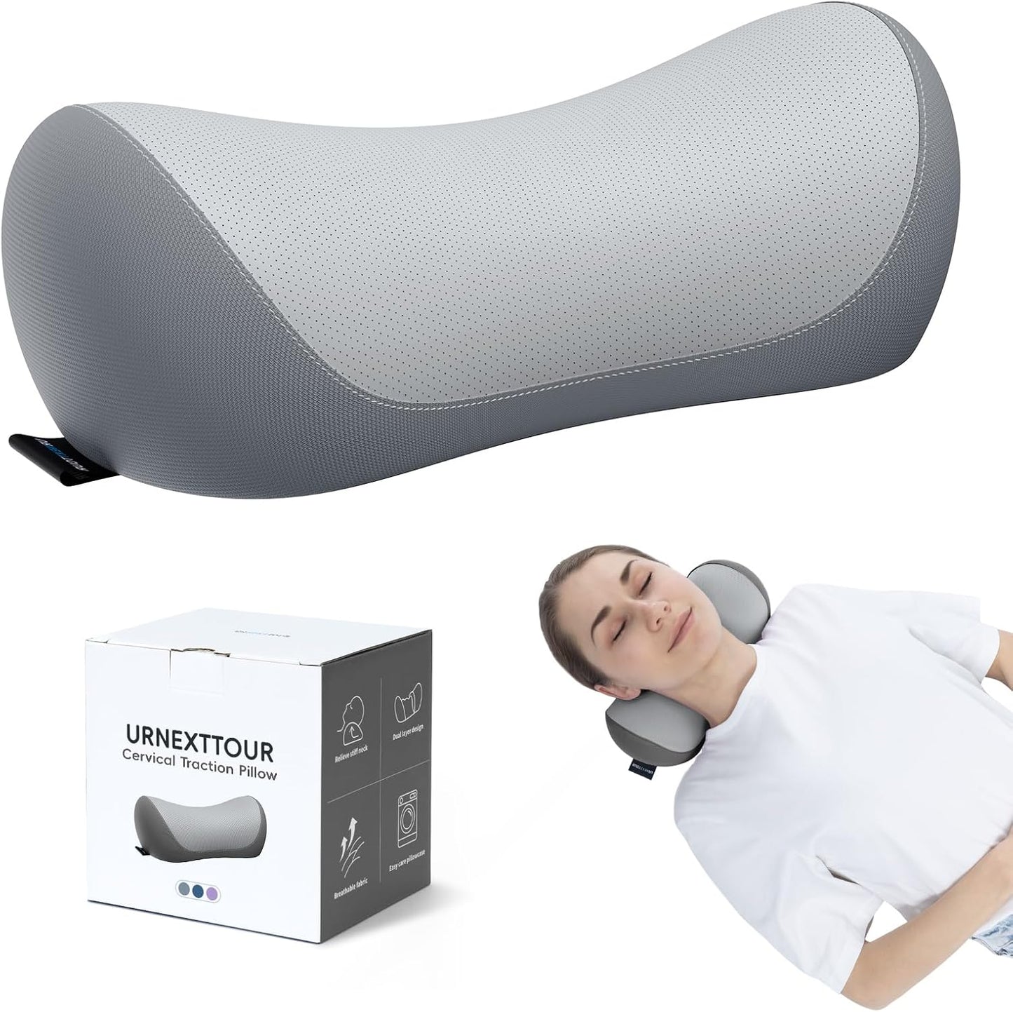 Neck Cervical Pillow Cervical Traction Device Lumbar Support Memory Foam Roll Pillow Muscle Relief Shoulder Pain Relaxer Grey