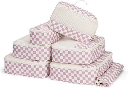 Narwey 7 Set Checkered Packing Cubes for Travel Carry on Suitcase Luggage Organizer Bags for Kids Women Men, Durable Packing Organizers Bag, Travel Essentials Accessories (Dusty Pink Checkerboard)