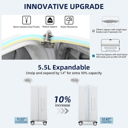 Hard Shell Suitcases Travel Expandable Luggage, 24 Inch Check in Luggage with Spinner Wheels Cup Holder Charger Built in, Checked Medium Suitcase Lightweight Suitcases, White