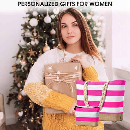 Becokan Beach Bag Initial Beach Tote with Makeup Bag for Travel Work Storage Personalized Birthday Gifts for Women Her