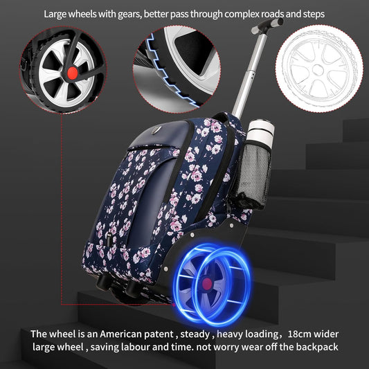 Rolling Backpack,Waterproof Backpack with Wheels for Business and Travel Commuter, Carry on Backpack with Laptop Compartment, Fit 17 Inch Laptop, Wheeled Backpack for Adults