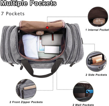Felipe Varela Duffle Bag for Men, Expandable Canvas Duffel Bag for Travel, Mens Carry On Luggage Bags Traveling Weekender Gym Overnight Bags for Airplanes, Grey