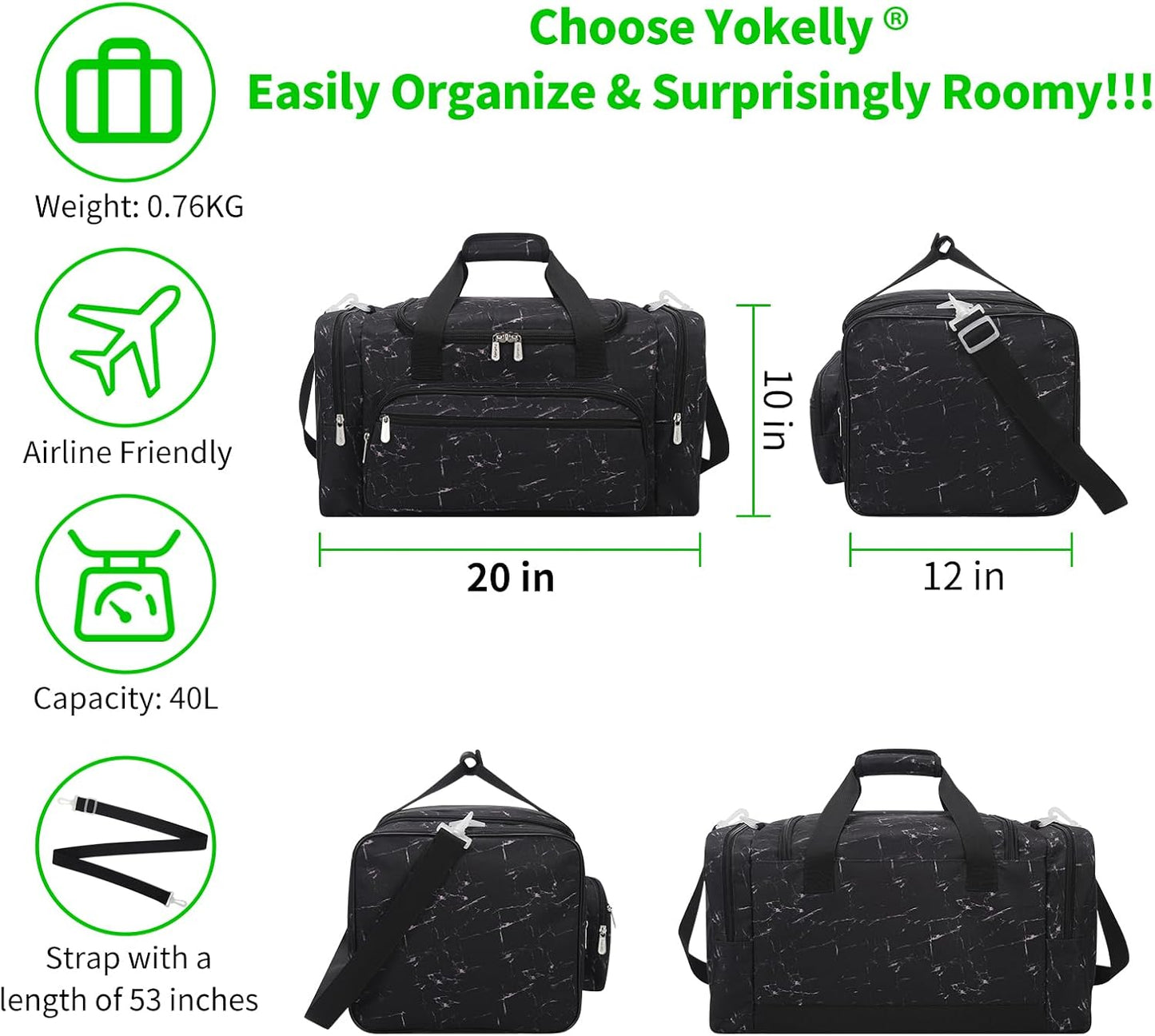 20 inch Sports Duffel Bag - for Travel Gym - Black Marble