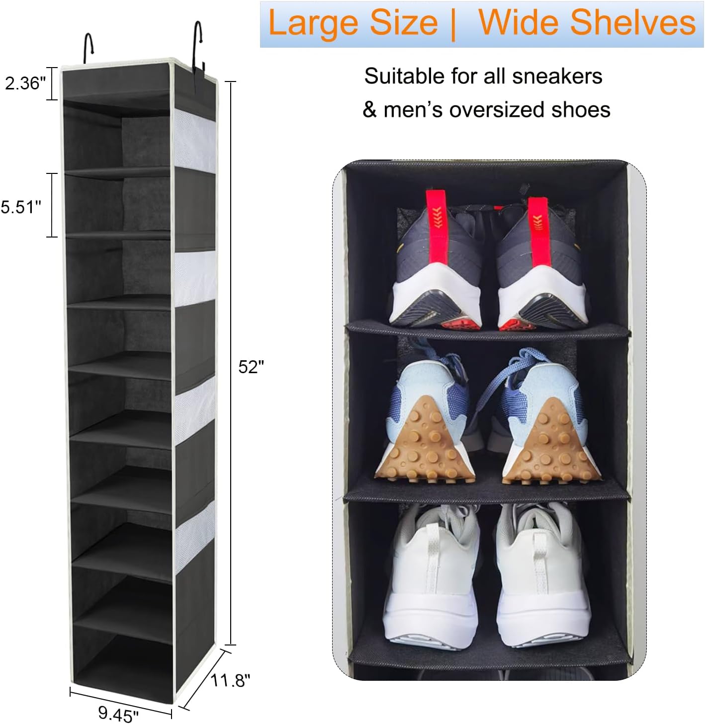 2 Pack Large-Sized Hanging Shoe Organizer 10-Shelf, Sturdy Hanging Closet Organizer with 8 Side Pockets, Wider Hanging Shelves for Storage Shoes Clothes Jeans Shirts Toys, Black